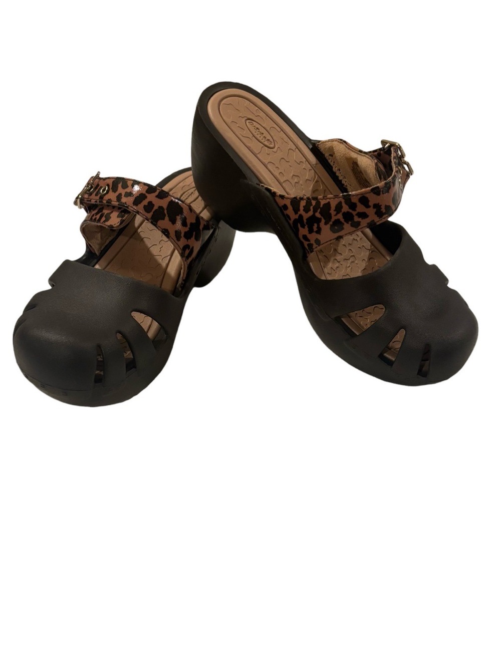 Dr Scholl's Women's Heel Clogs Dance On Brown & Animal Print Slip On Sandals 9 M